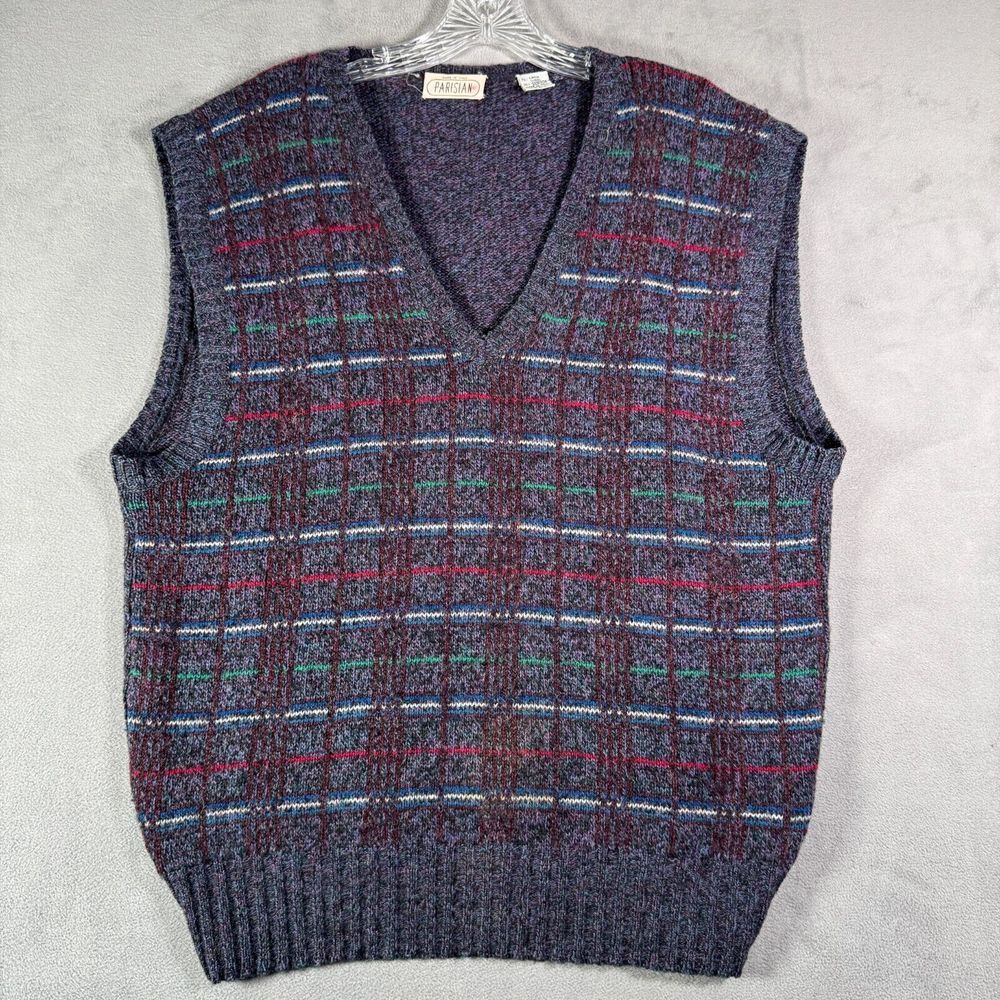 VTG Parisian Sweater Vest Mens XL Blue Plaid‎ Wool Blend Italy Made Golf Preppy